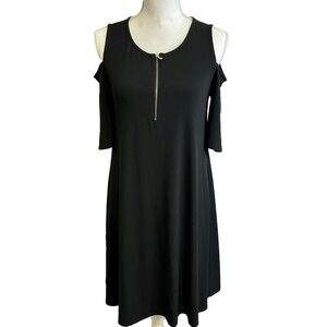 Carmen Marc Valvo Black Swing Dress Gold Zip Front Cold Shoulder Midi A Line. Sm